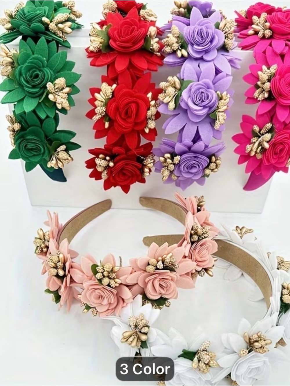 3 Handmade Floral Cluster Headband - Pink, White, Green, Red, Purple,
(white)